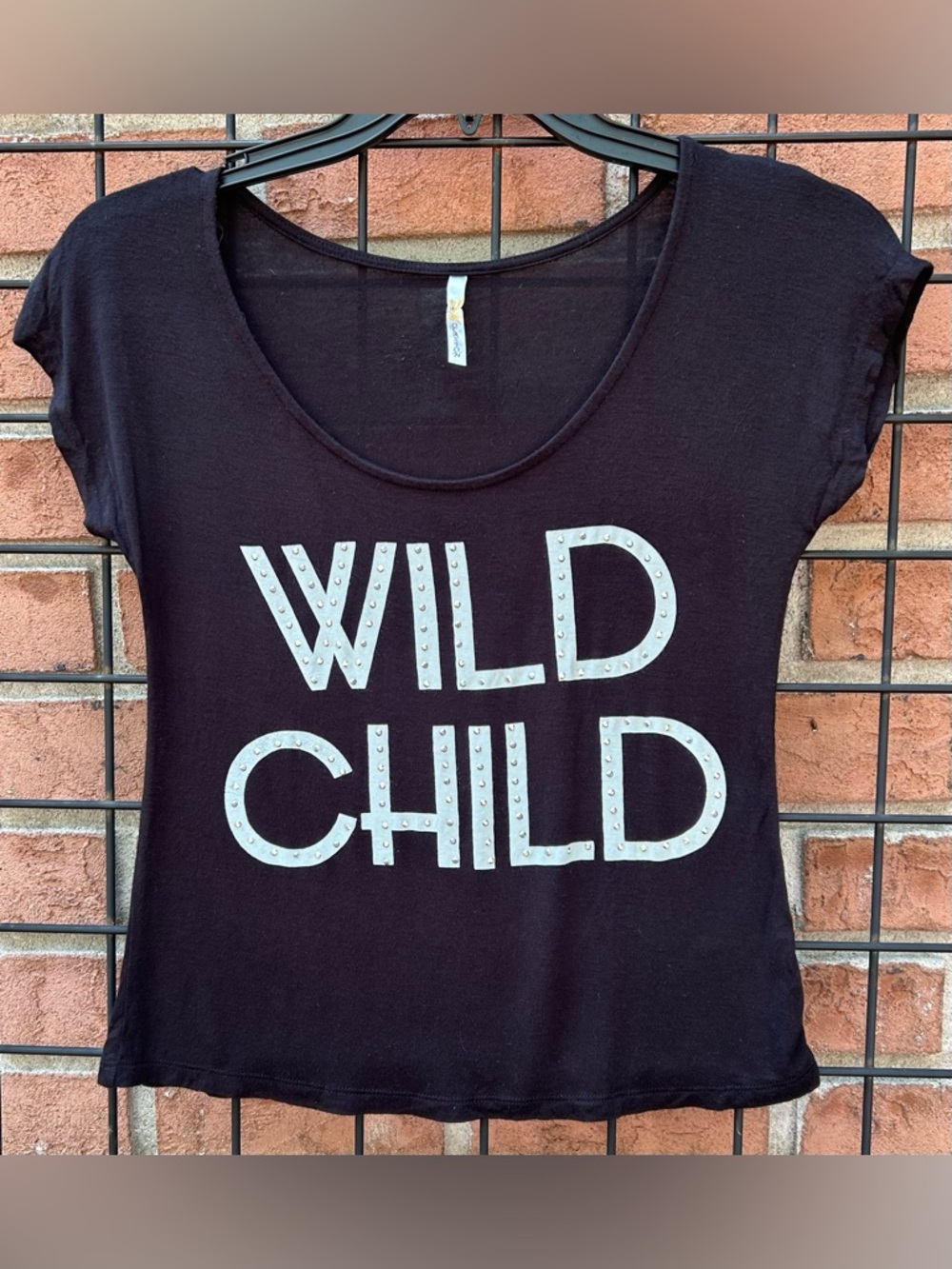 Ocasion Black Crop Top with Silver Studded "WILD CHILD" Graphic